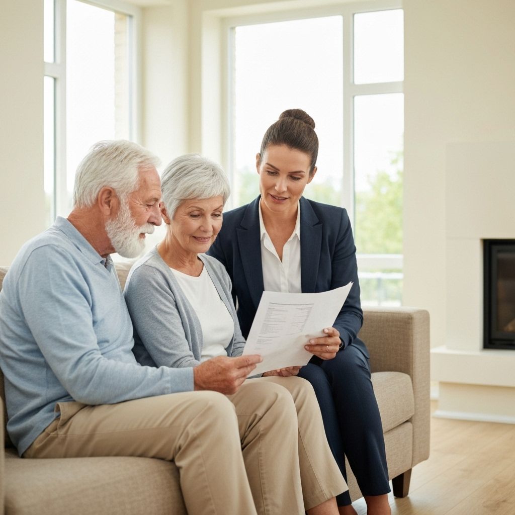 Senior couple reviewing reverse mortgage options with financial advisor